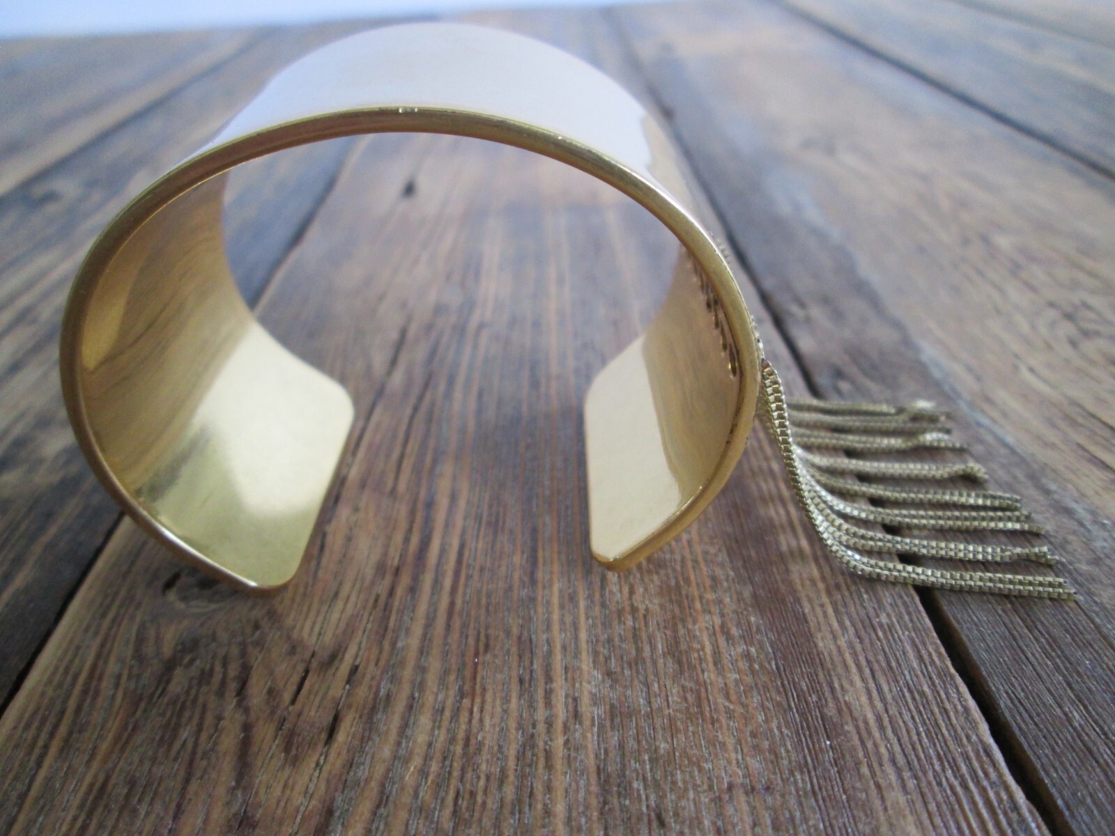 Gold Cuff Bracelet 1 1/2″ Wide Open Bangle Tassel Chain Classy Simple Statement