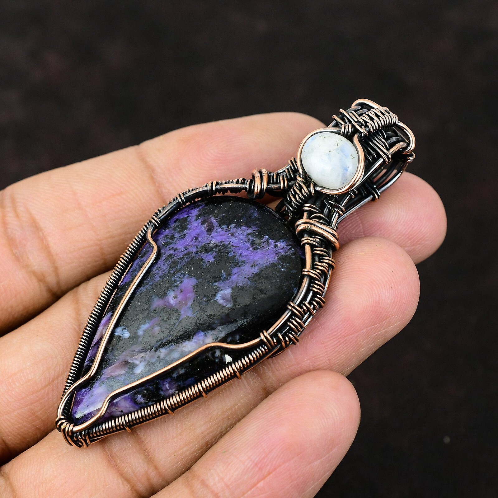 Gift For Her Copper Russian Charoite Gemstone Jewelry Wire Wrapped Pendant 2.87″