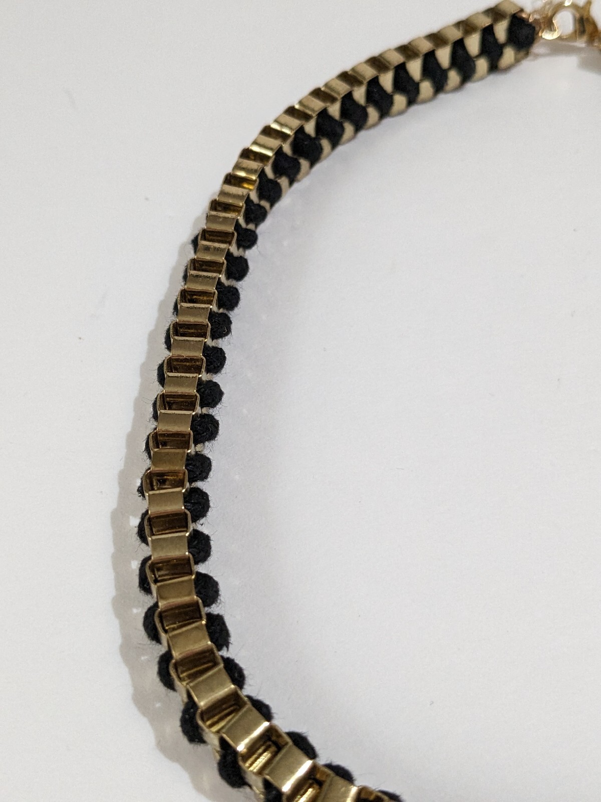 Gold Tone And Black Cord Braided Box Chain Necklace. Vintage. 16 Inch.