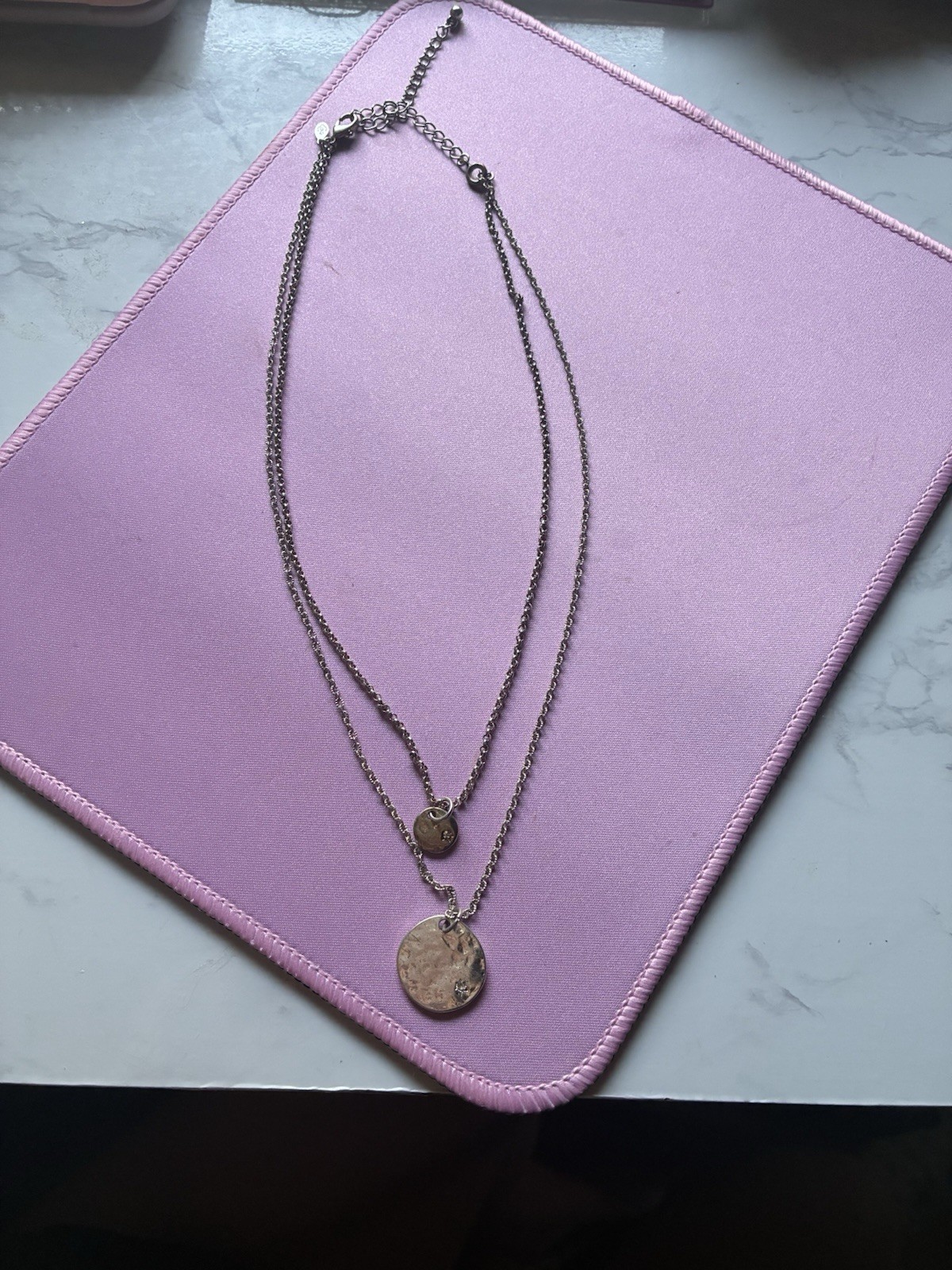 Silver-Tone Layered Double Cable Chain Necklace Round Disc Charms Signed