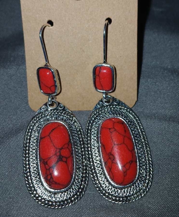 New Boho Style Inlaid Red Oval Gemstone Dangle Earrings 2″