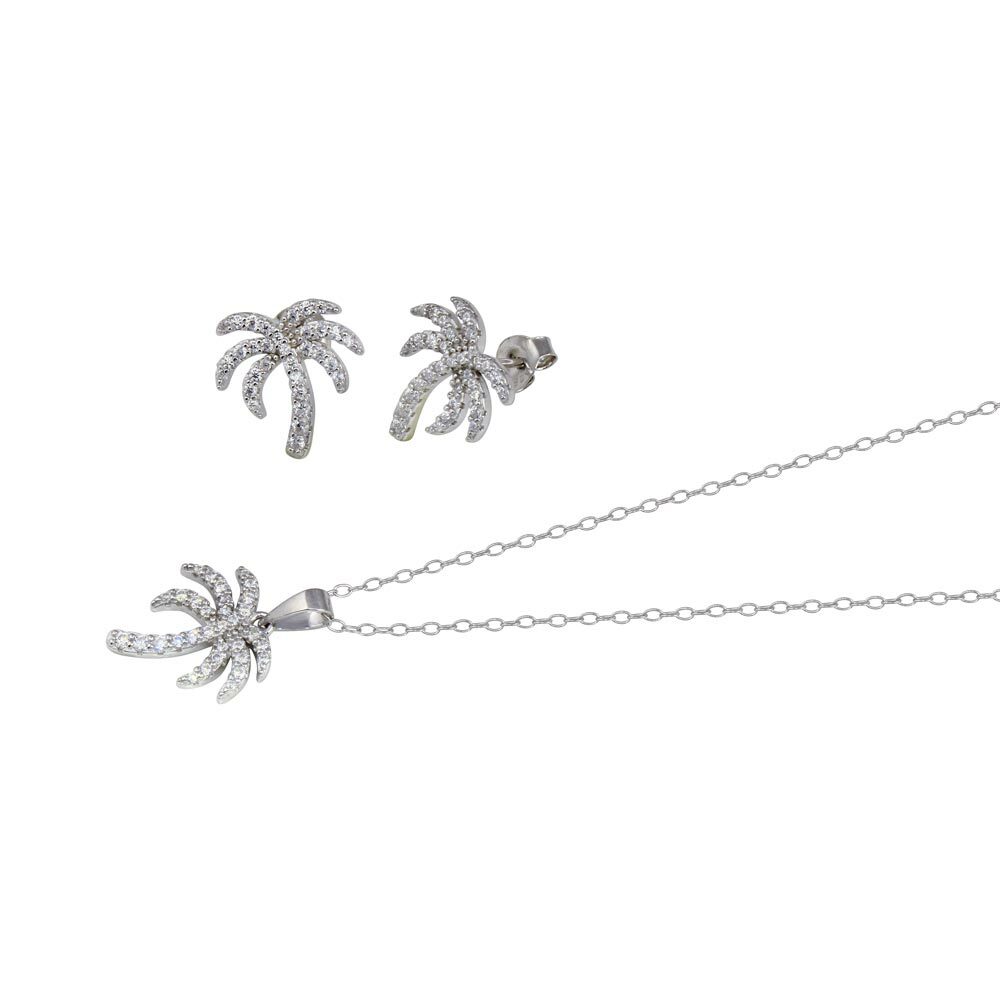PALM TREE NECKLACE & EARRING SET W/ LAB CREATED DIAMONDS / 925 STERLING SILVER
