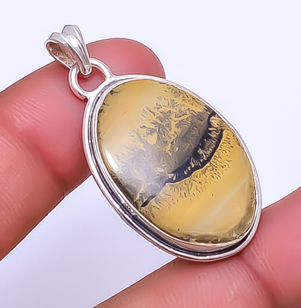 Honey Dendritic Opal – Mexico 925 Sterling Silver Pendant 1.56″ P39 Gift for her
