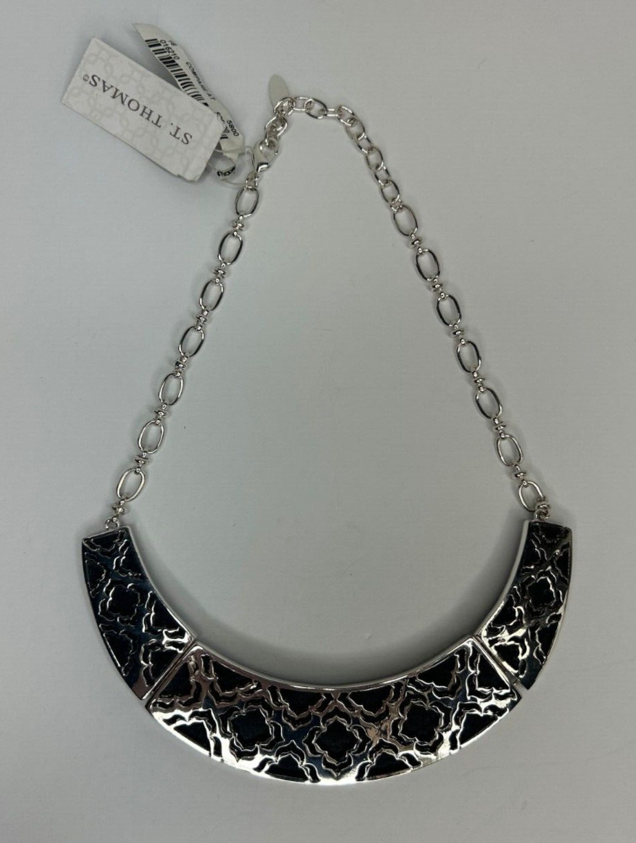 St Thomas Collar Bib Necklace 16in Blue Leather Backed Silver Tone Cut Out NWT