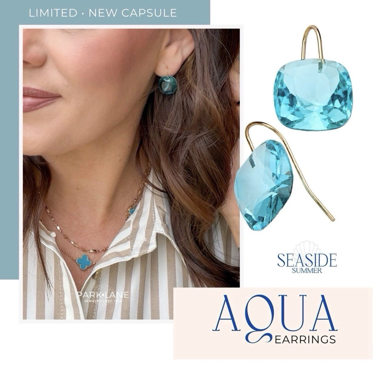 BNWT Park Lane AQUA Blue Cushion Cut Crystal GOLD Fishhook EARRINGS Retired