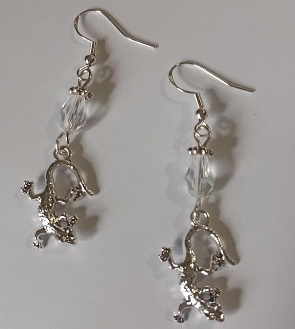 Lizard or Gecko Charm Earrings with Clear Crystal Beads, FREE SHIPPING