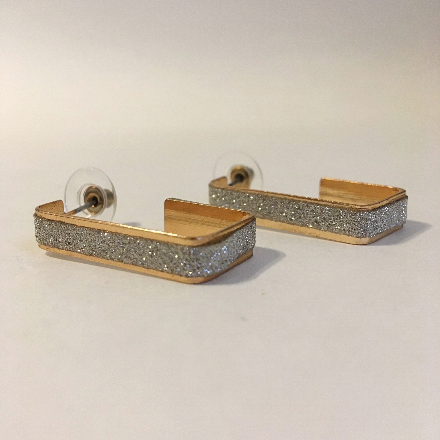 Glitter Earrings Gold Tone Metal Silver Sparkle Strip Square Hoop Post Pierced
