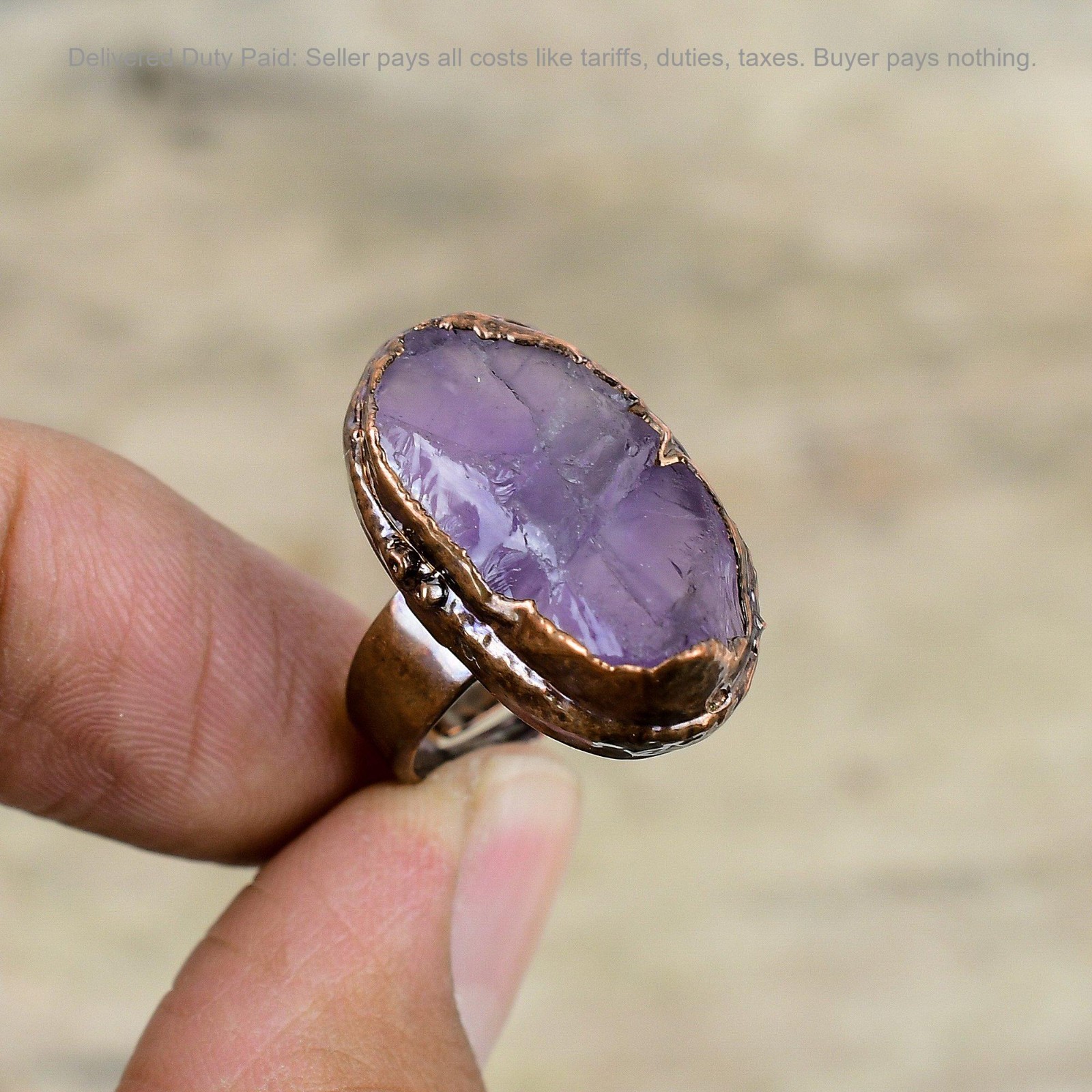 African Amethyst Rough Gemstone Stackable Bezel Trendy Electroformed Ring Copper
