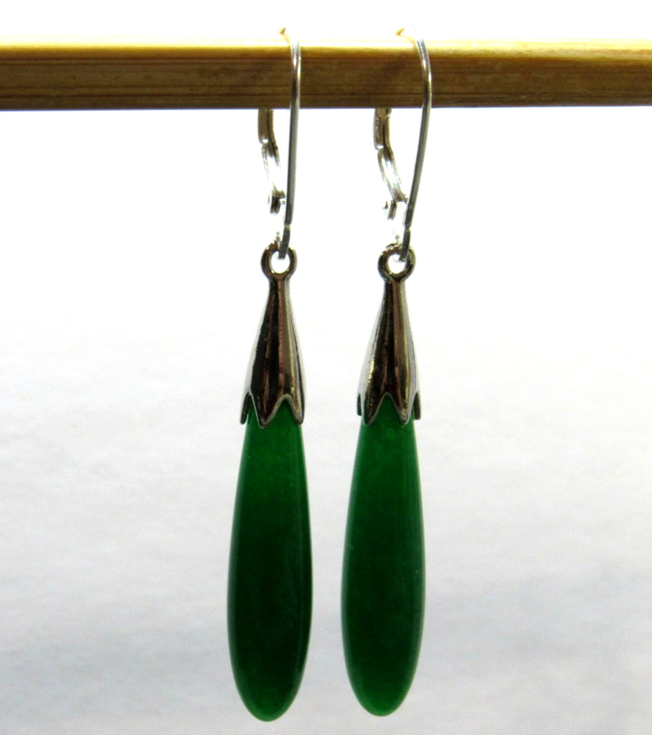 Dark Green Jade Long Teardrop Drop Dangle Leverback Earrings Sterling Silver