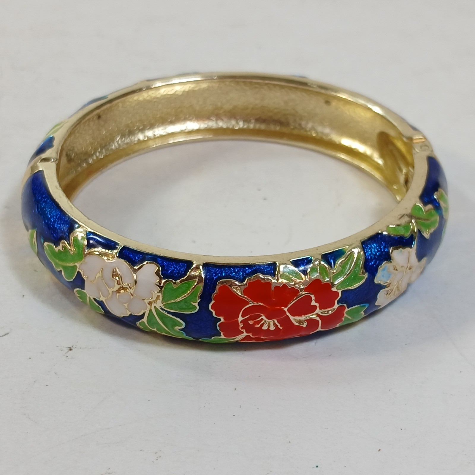 Signed Jiu Long Xing Blue Cloisonné Hinged Bracelet Enamel, Blue Bangle Floral