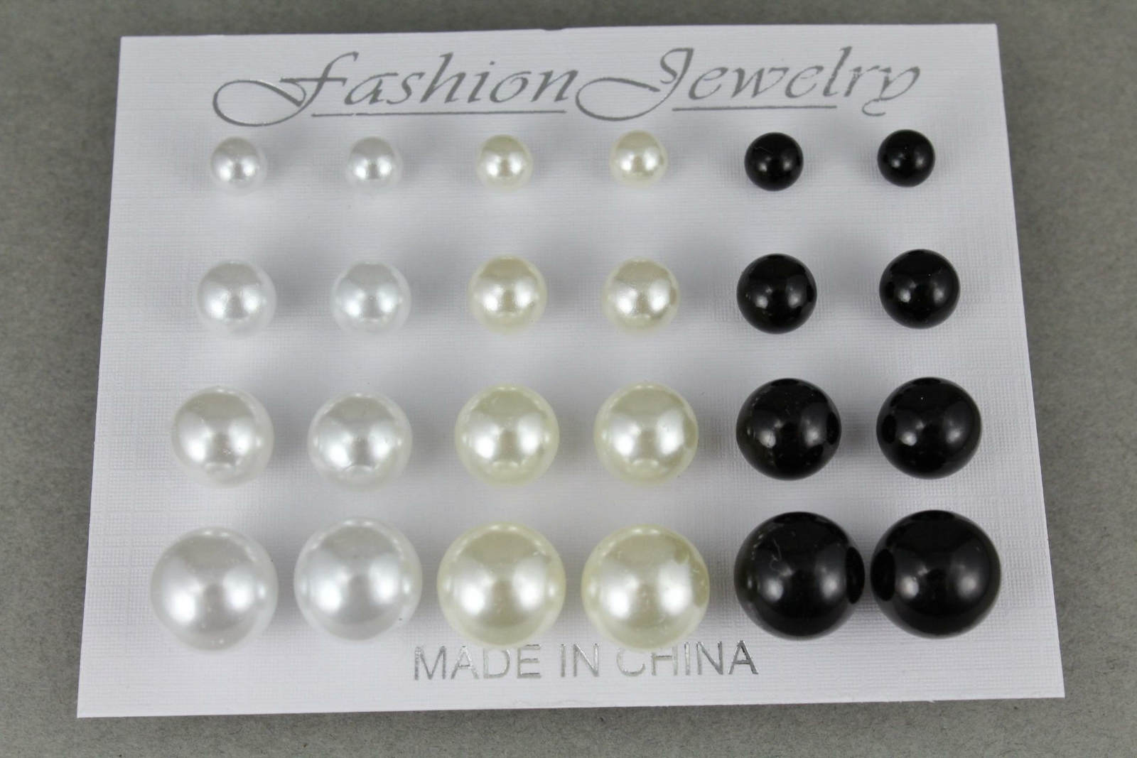 White Cream Black earrings 12 pair set pack graduated faux pearl bead stud post