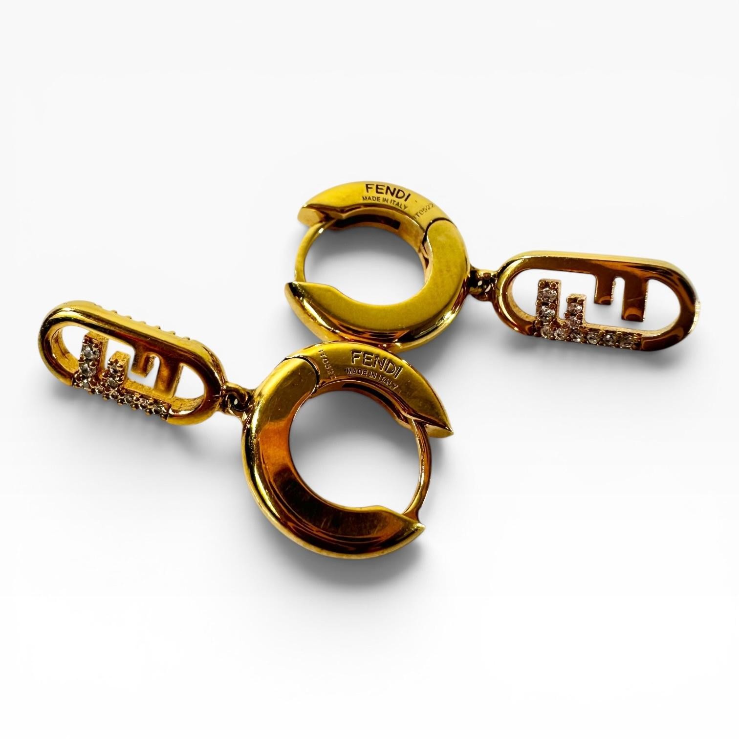 Fendi FF Logo Gold Tone Rhinestone Logo Huggie Drop Earrings 1.5in Made In Italy