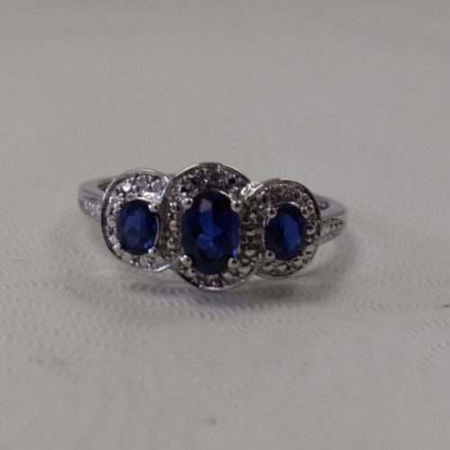 NEW Ladies 10k White Gold Sapphire Halo Ring w/ Diamond accents, SZ 8, 1.8g