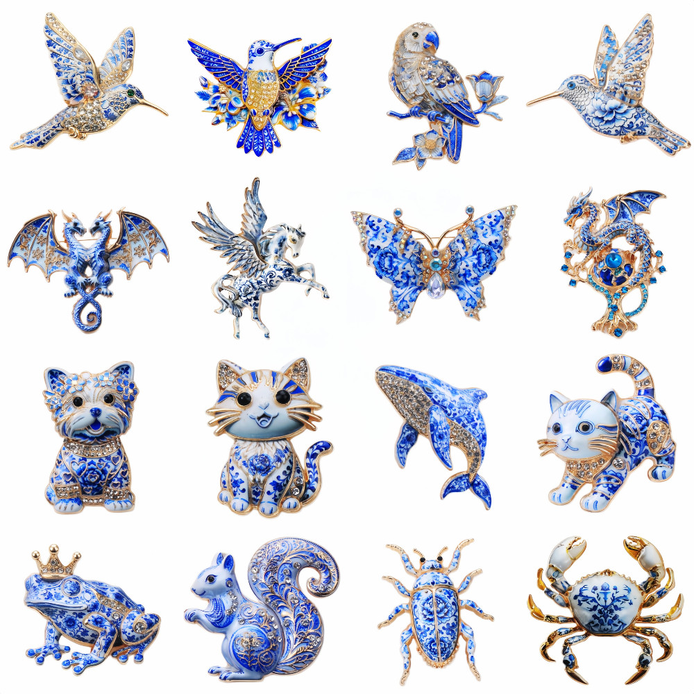 Blue White Porcelain Pattern Dog Brooch Vintage Crystal Enamel Animal Lapel Pin