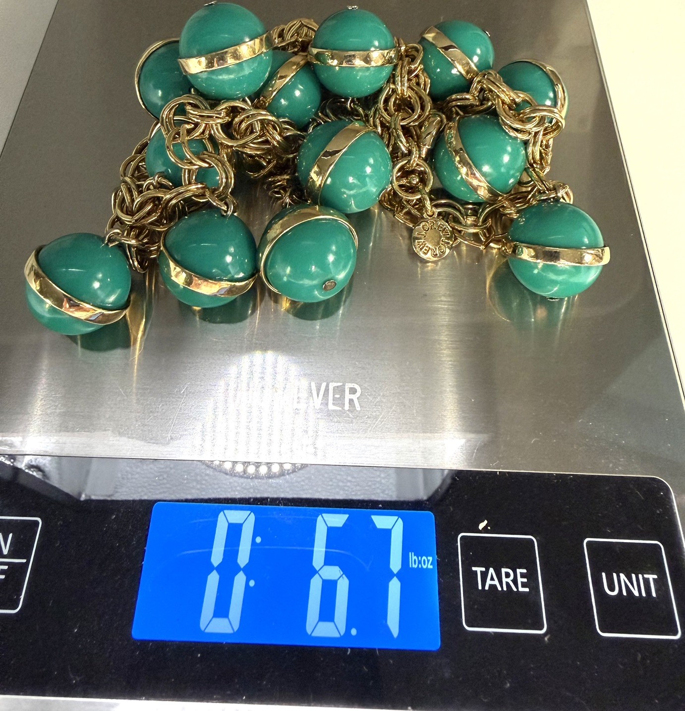 J Crew Statement Green Lucite Bauble /Gold Tone Necklace~Signed