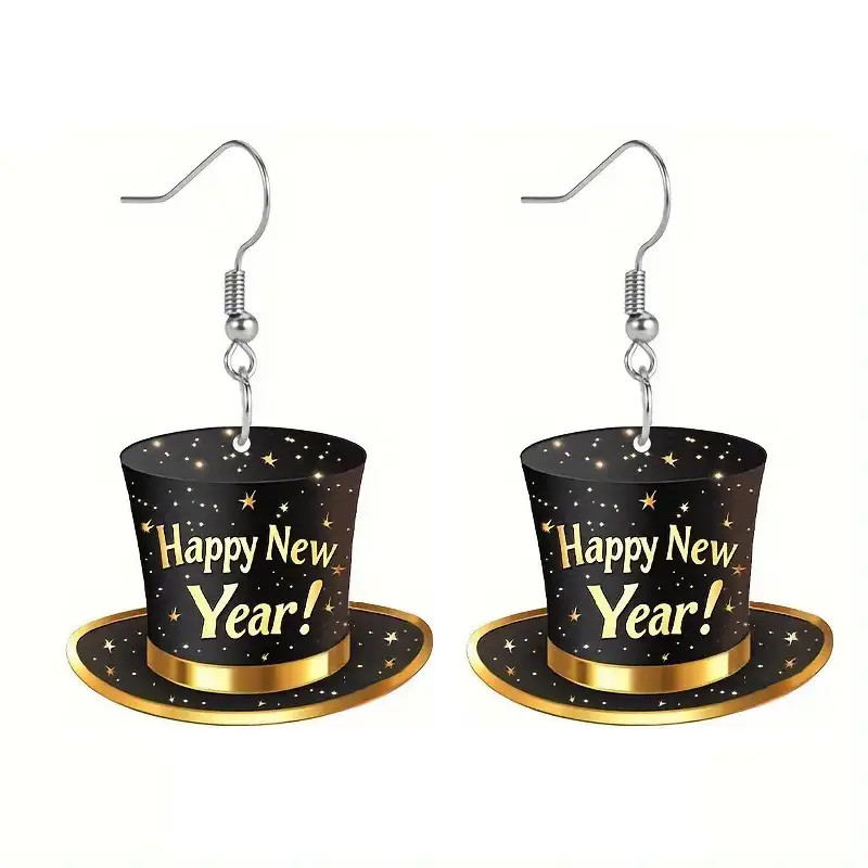Acrylic Cartoon Happy New Year’s Top Hat Dangle Earrings – New