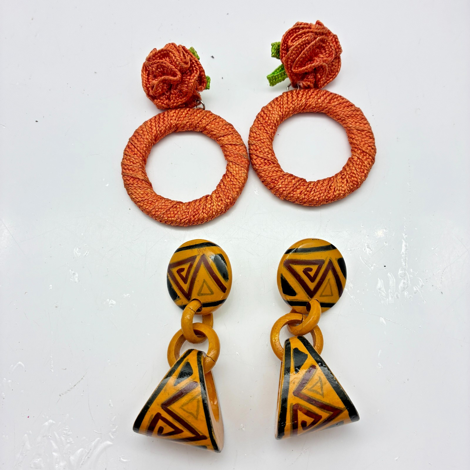 Boho Statement Dangle Earrings Lot of 2 Orange Rope Hoop and Painted Wood