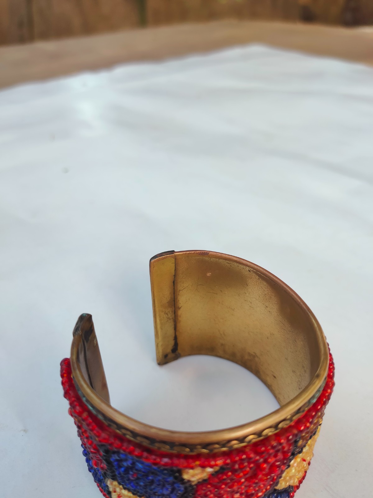 Handmade Brass Cuff Bracelet Colorful Seed Beaded Wide Open Bangle Boho Ethnic