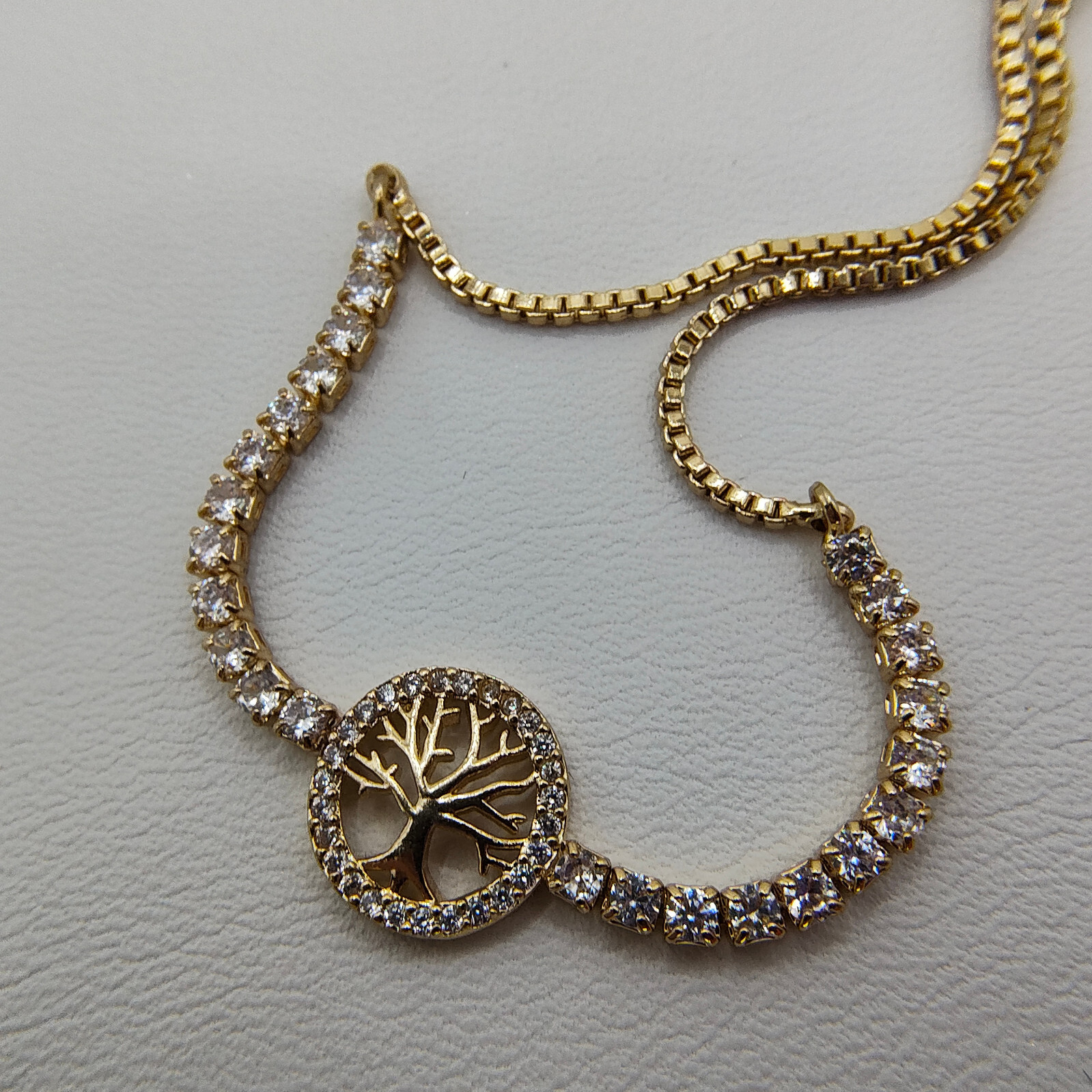 Tree of Life Adjustable Bolo Bracelet White Rhinestone Gold Tone Slider Chain
