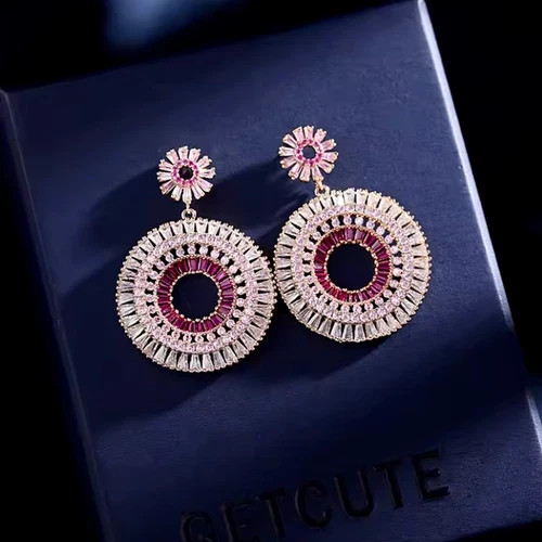 Lab-Created Pink Sapphire Wedding Hoop Chandelier Earrings 18k Gold Plated Gift