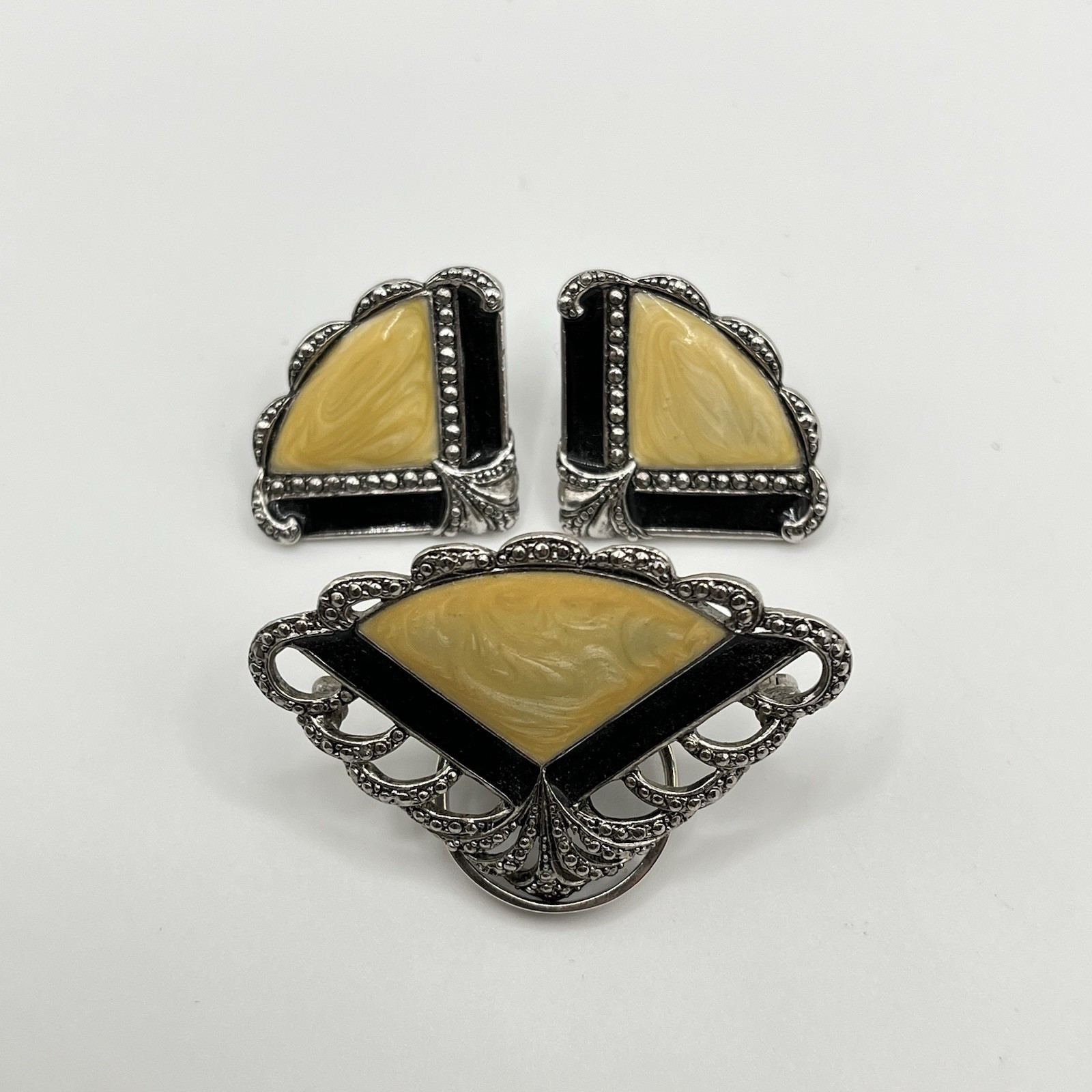 Silver Tone Yellow Black Brooch & Earrings Set Art Deco Geometric Jewelry