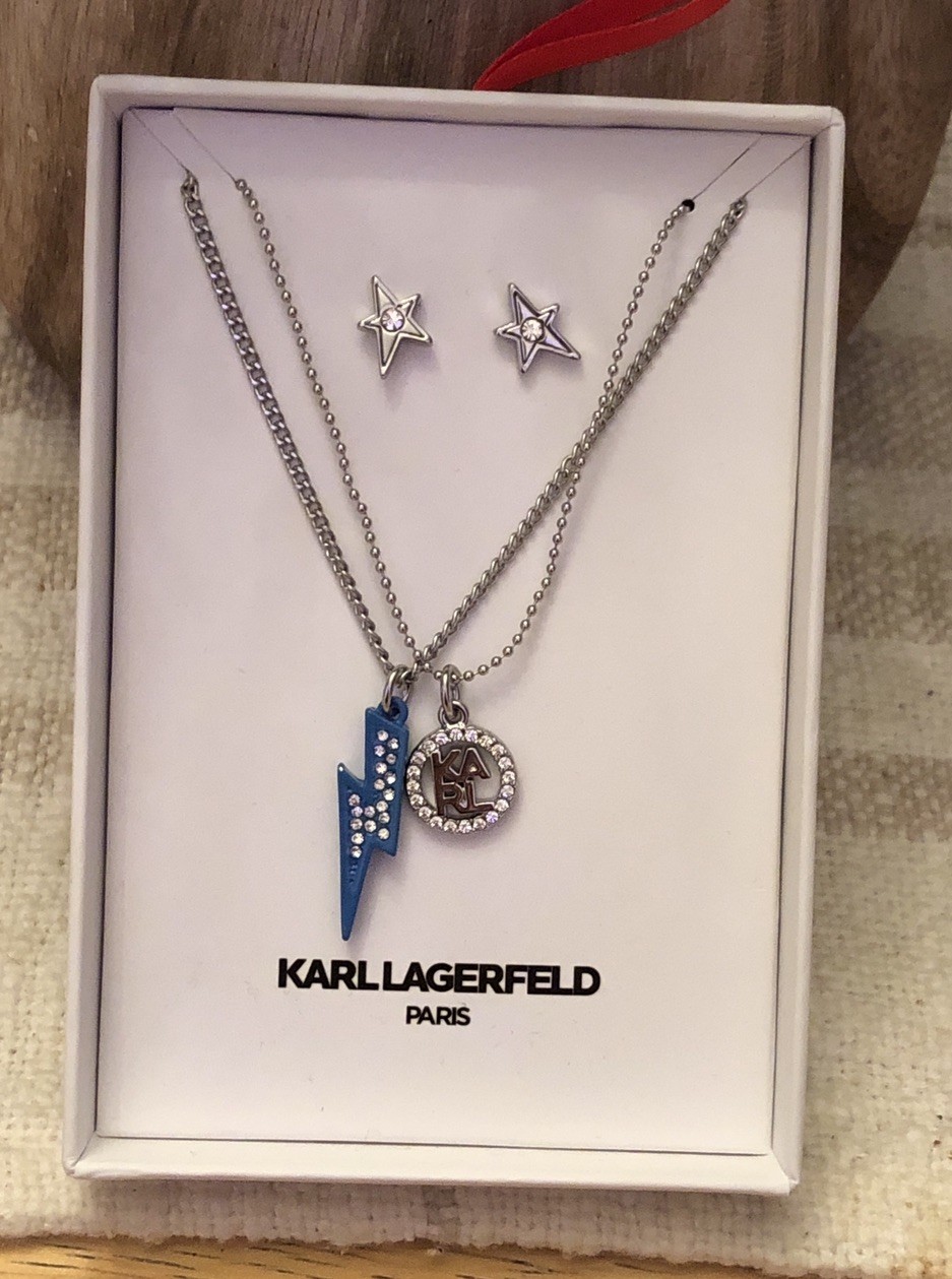 Karl Lagerfeld Lightning Bolt & Karl Layered Necklace & Star Stud Earrings NIB