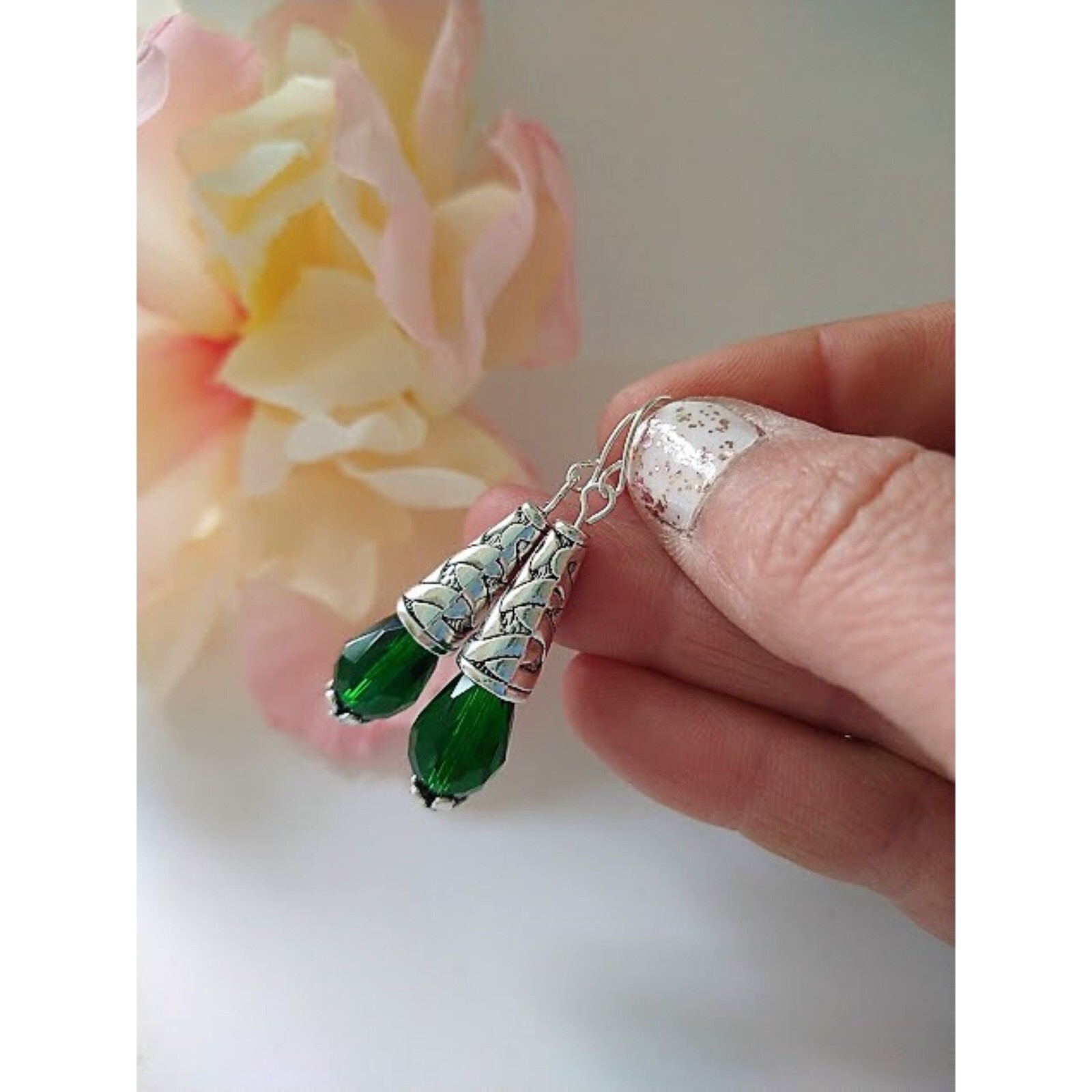 Emerald Dark Green Teardrop Crystal Silver Dangle Earrings, Drop Earrings