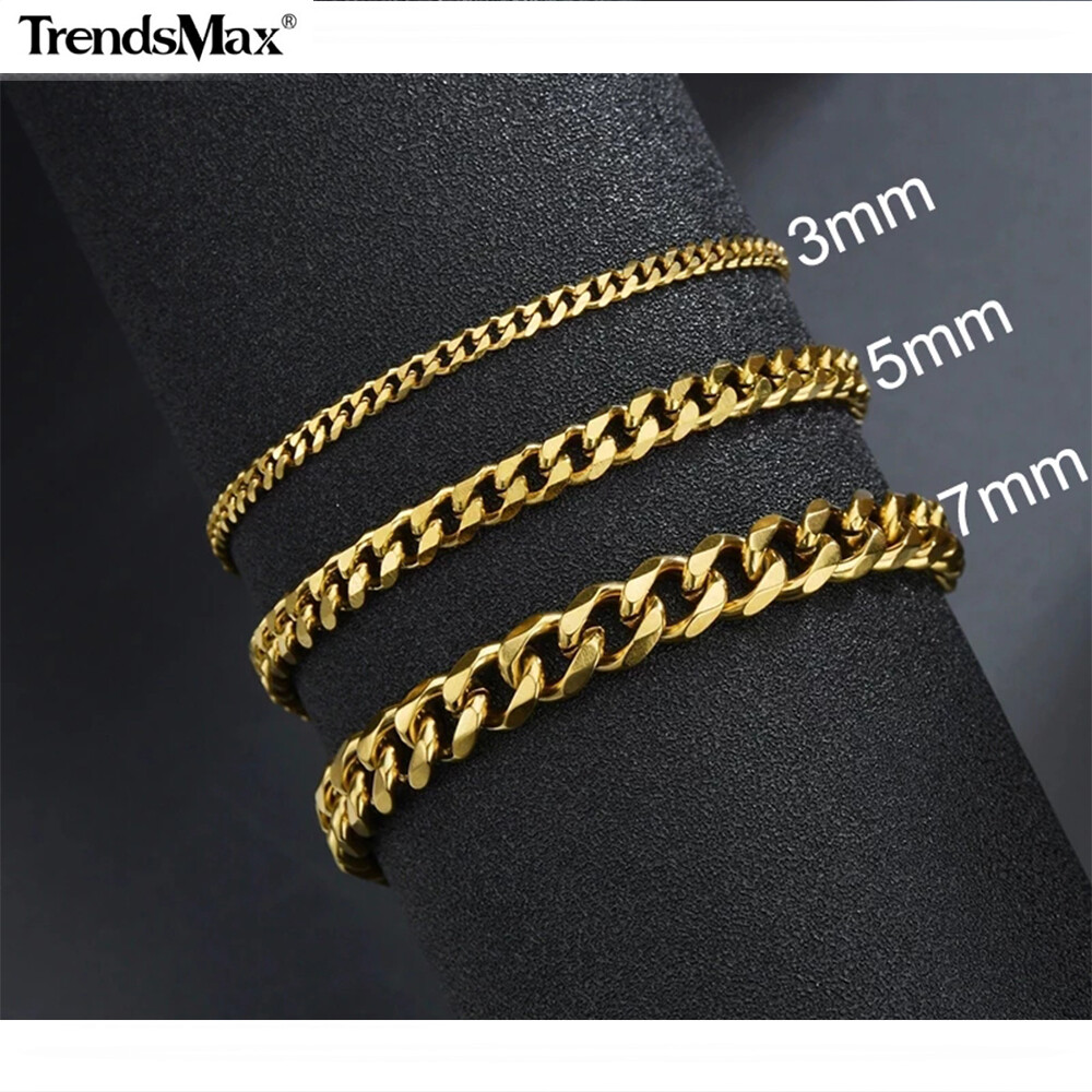 10/11″ Curb Link Chain Stainless Steel Anklet Bracelet Gold Plated Gift 3/5/7mm