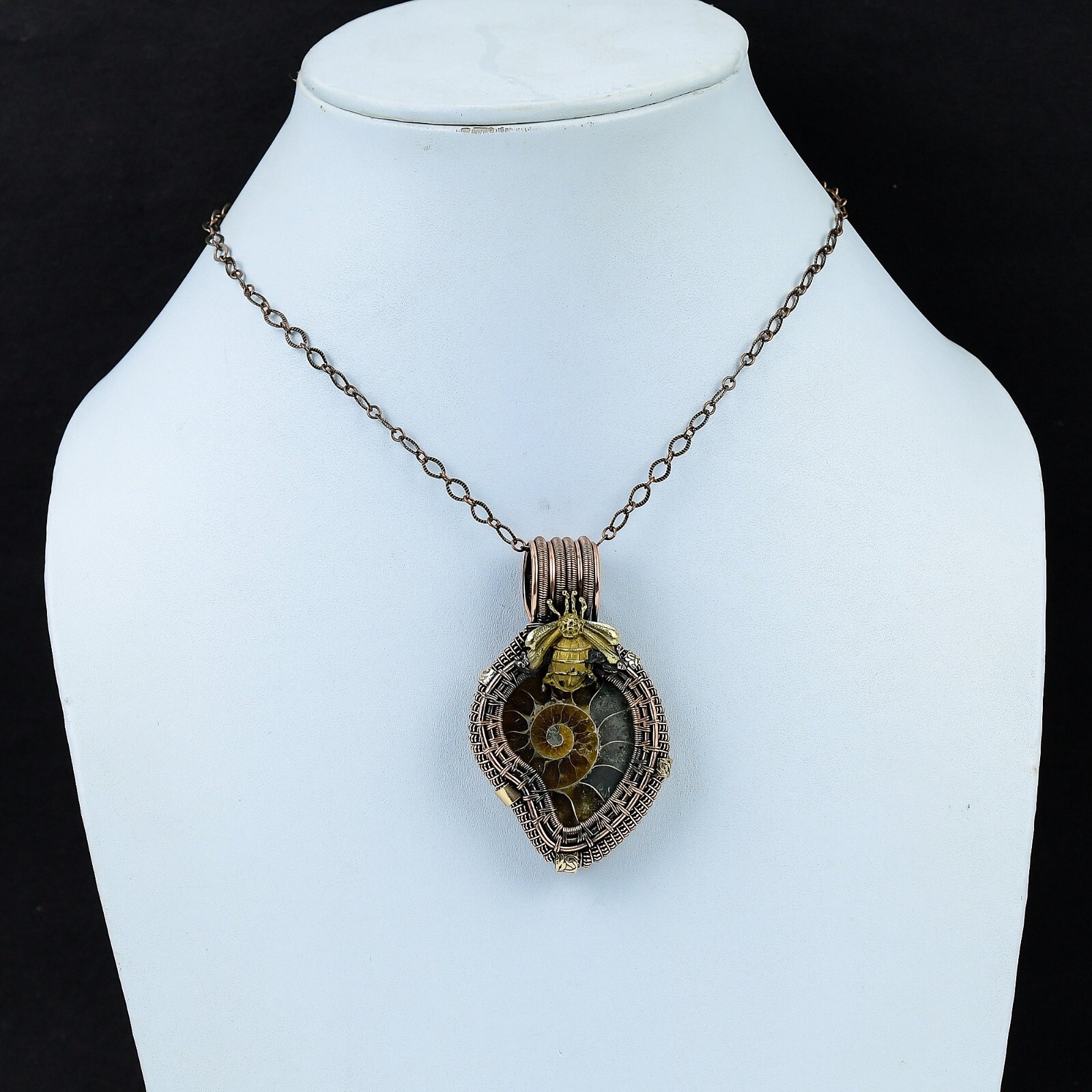 Ammonite Fossil Pendant Copper Wire Wrapped Gemstone Pendant Honey Bee Jewelry