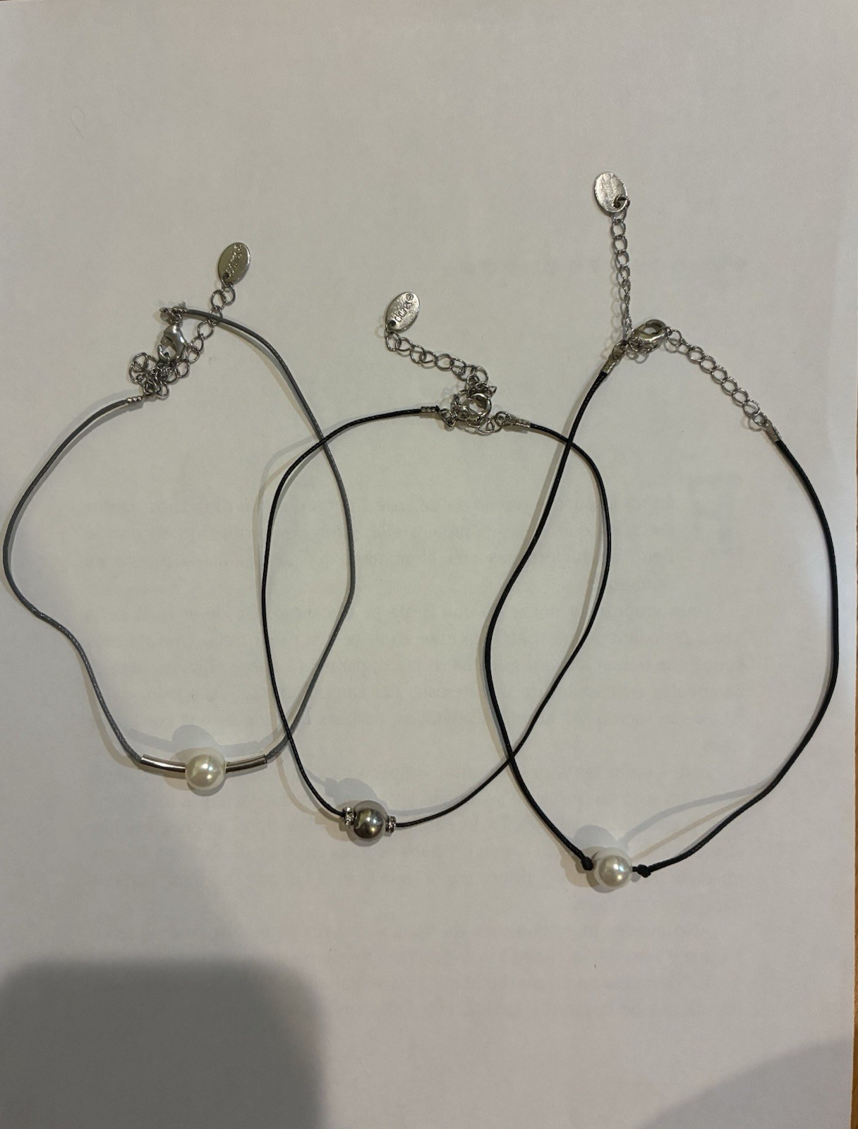 Lot of 3 Adjustable Black Cord Chokers w/ White Pearl Beads, Lobster Clasp