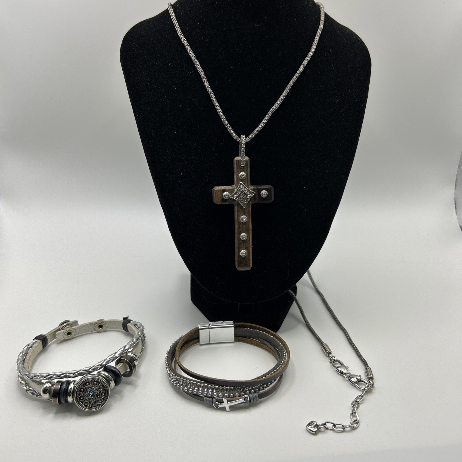 Brighton Byzantine Cross Necklace- silver chain- brown wood Cross – crystals