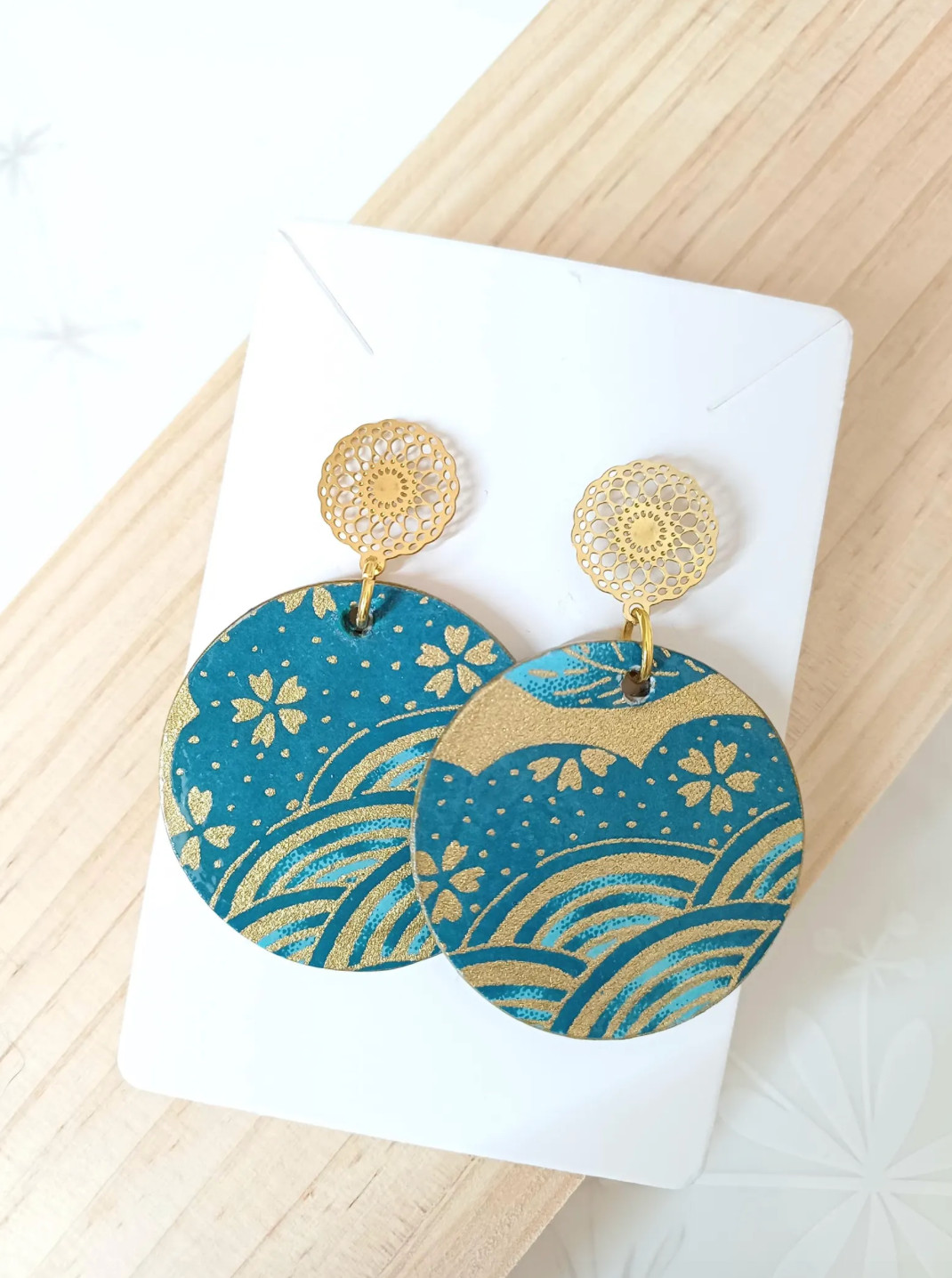 Handcrafted Wooden Base Earrings Decorated with Japanese Paper