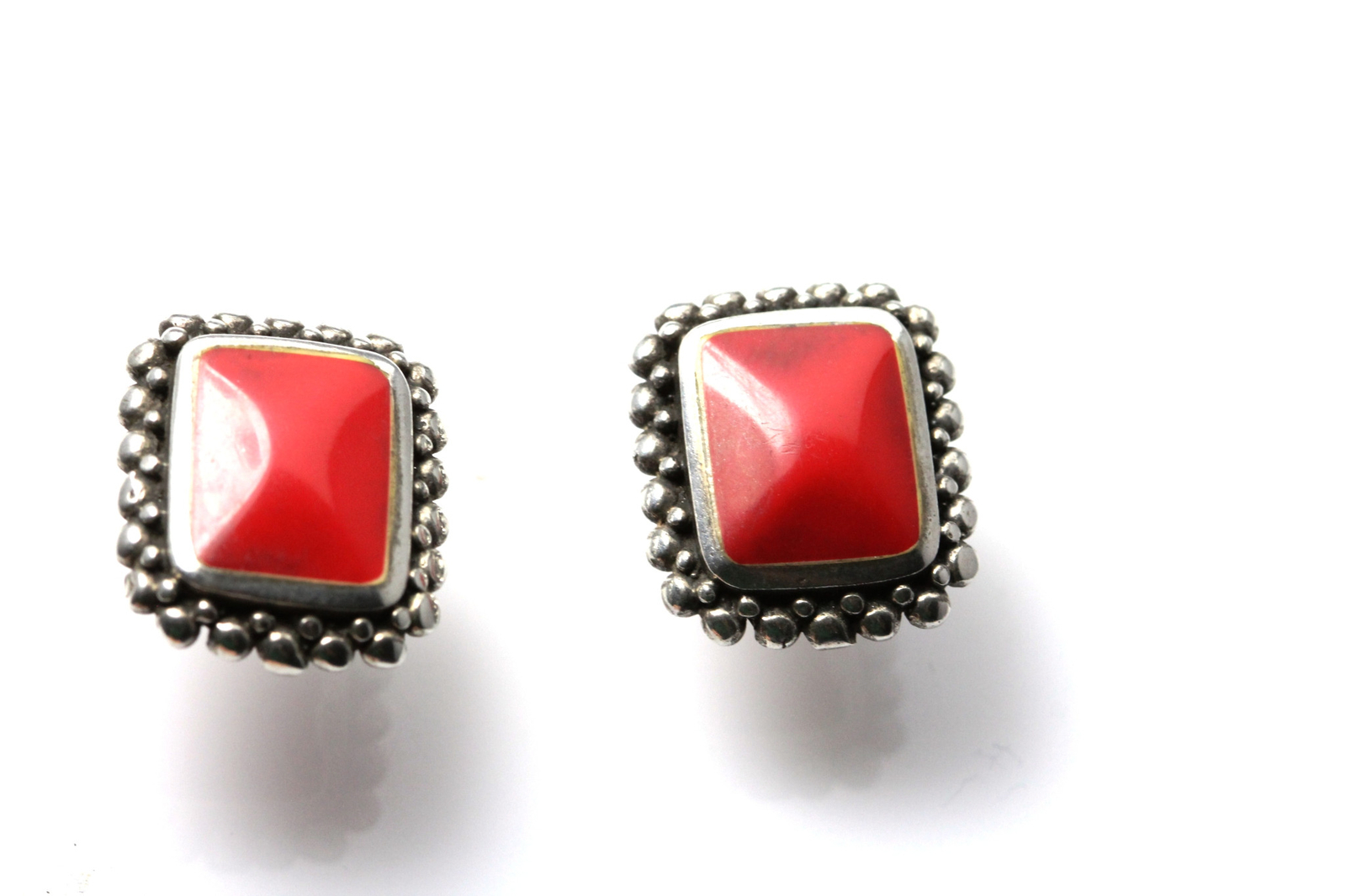 Rectangular Shape Red Stone Sterling Silver 925 Earrings 7.4 Grams (EAR2724)