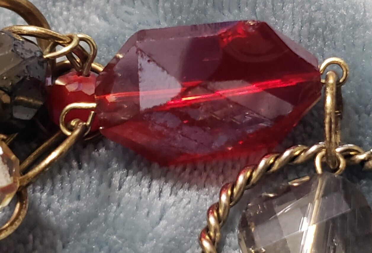 Ruby Red Beaded Necklace Faceted Gold Metal Rings Chain Single Strand Sparkly!