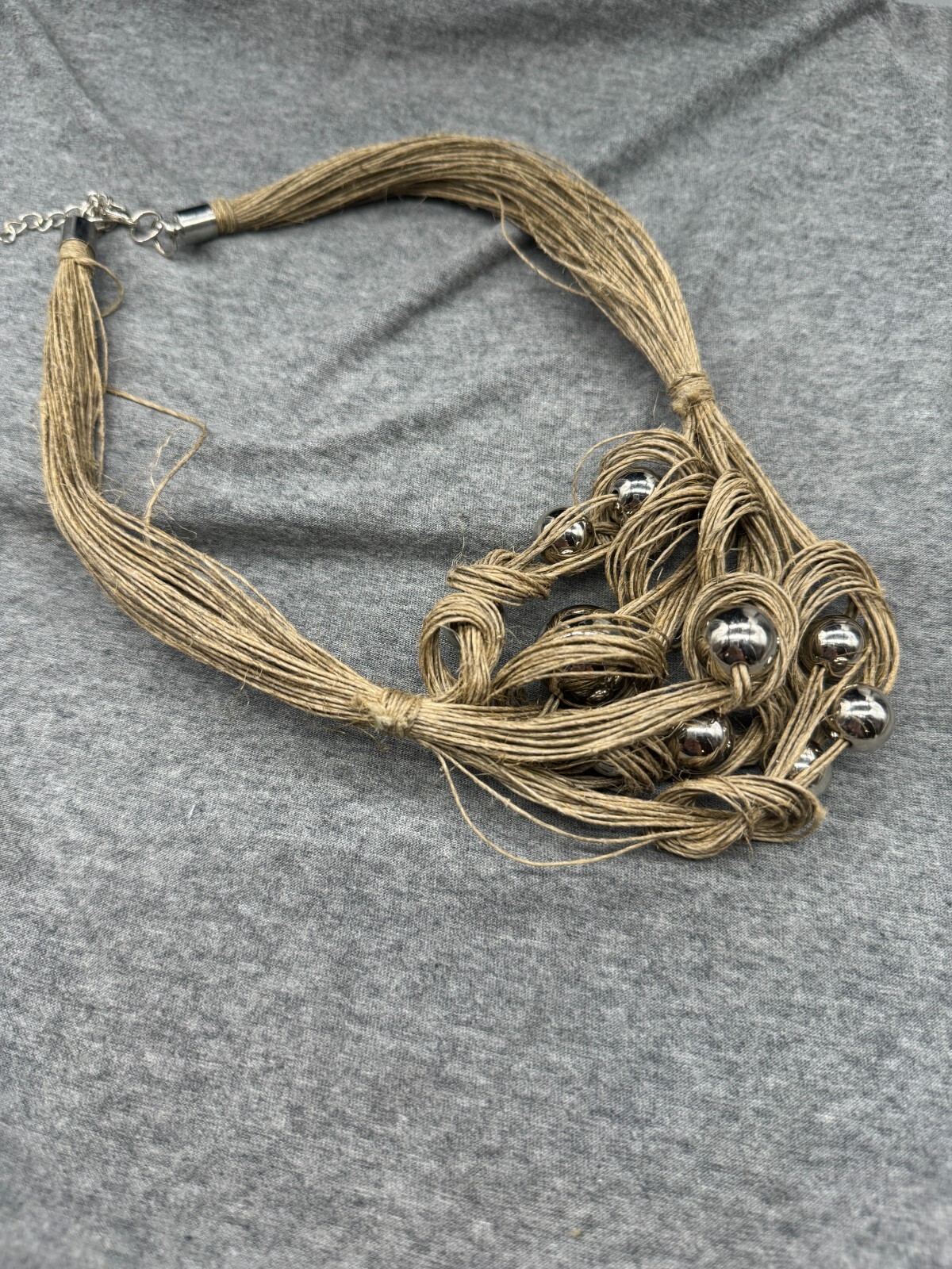 Birds Nest Necklace Beige Stranded Interwoven Silver Tone Beads 22″ Chain Close