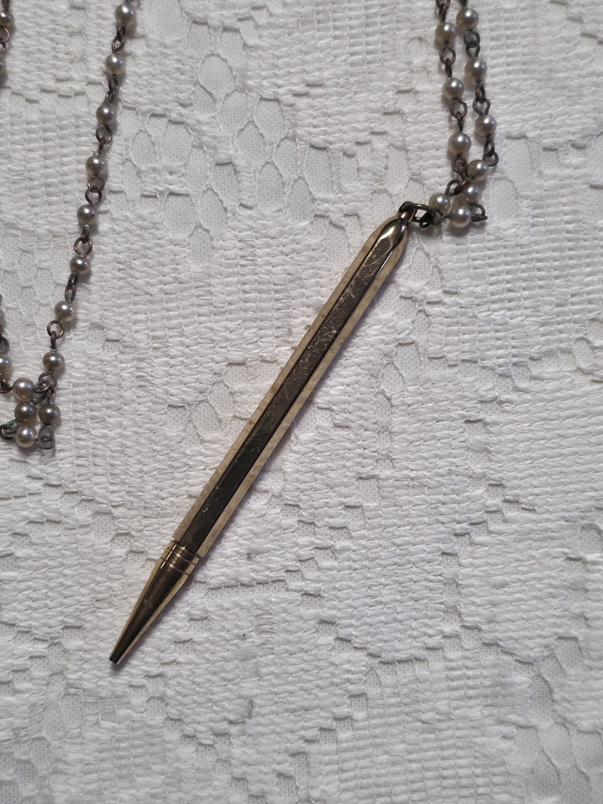 Vintage Mechanical Pencil Goldtone With Faux Pearl Chain, Mid-Century, 23 in