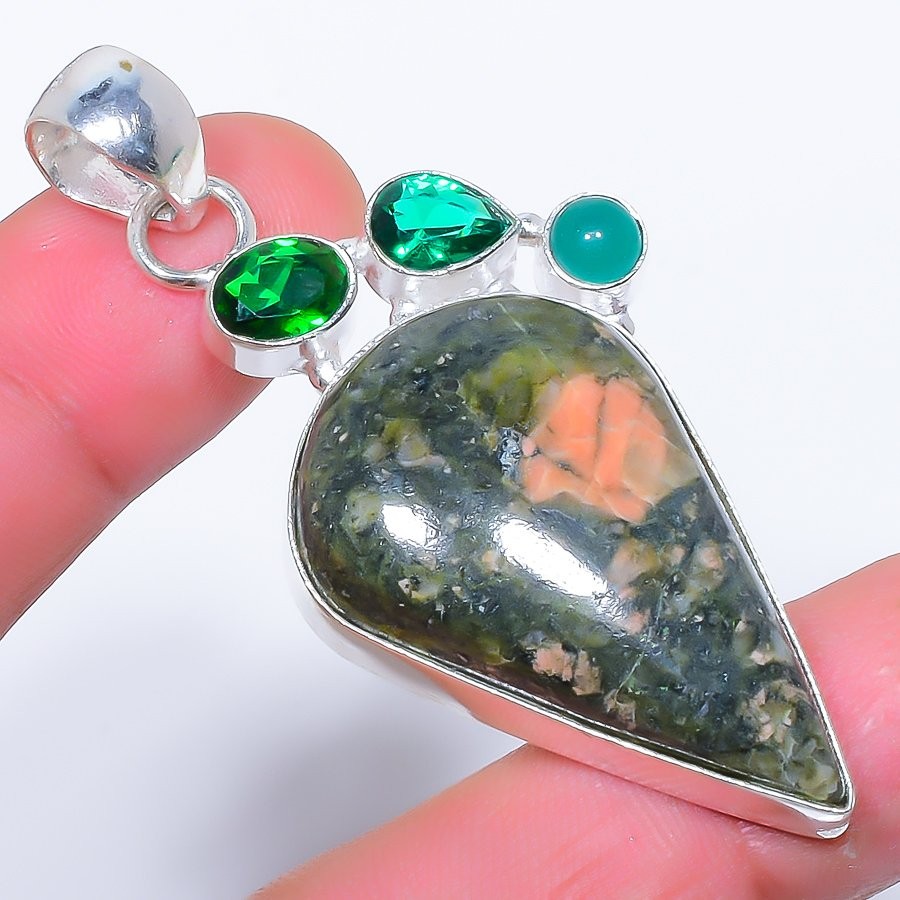 Natural Unakite & Tsavorite 925 Silver Plated Jewelry Pendant 2.4″ F303706