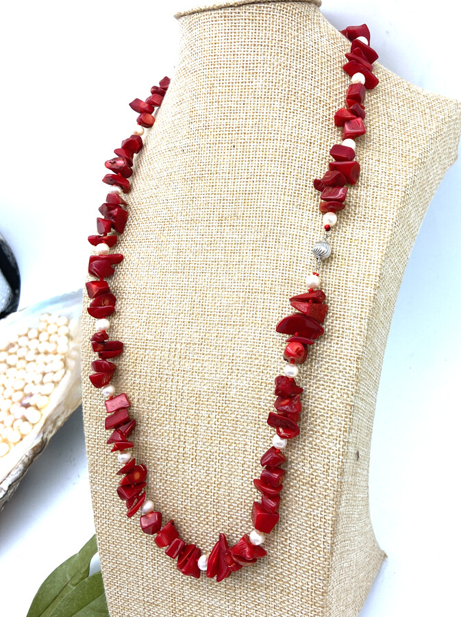 Red Nature Coral Gemstone & white pearl Chips Strand/String Necklaces 16-50“