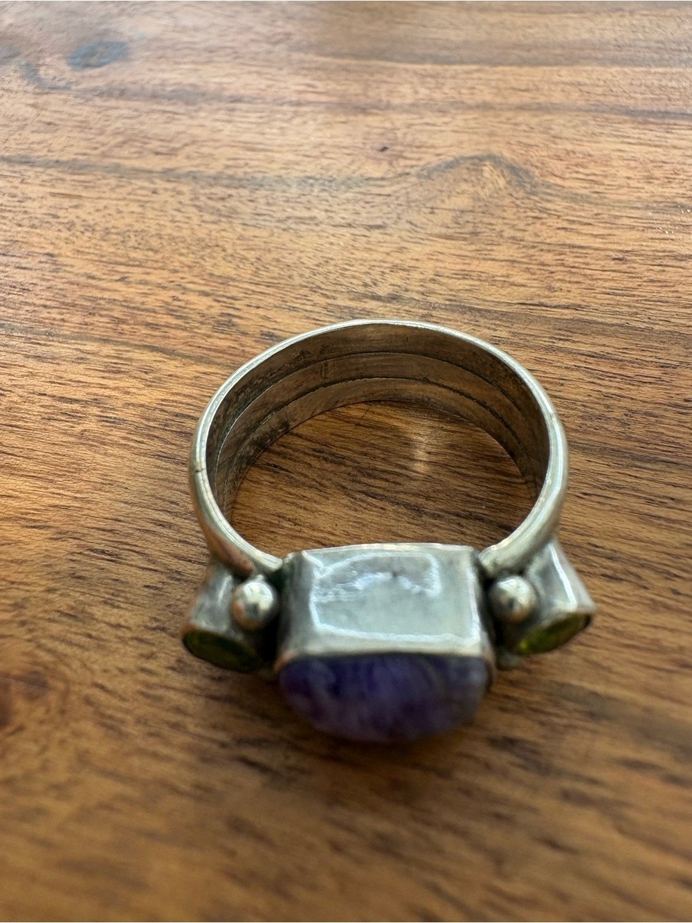 Bohemian Inspired Sterling Silver Ring with Purple and Green Stones – Size 7.5