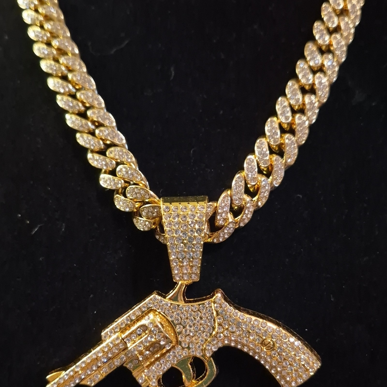 Gold Plated Cuban Link Chain Necklace w/ Gun Charm, Simulated Diamond, Box