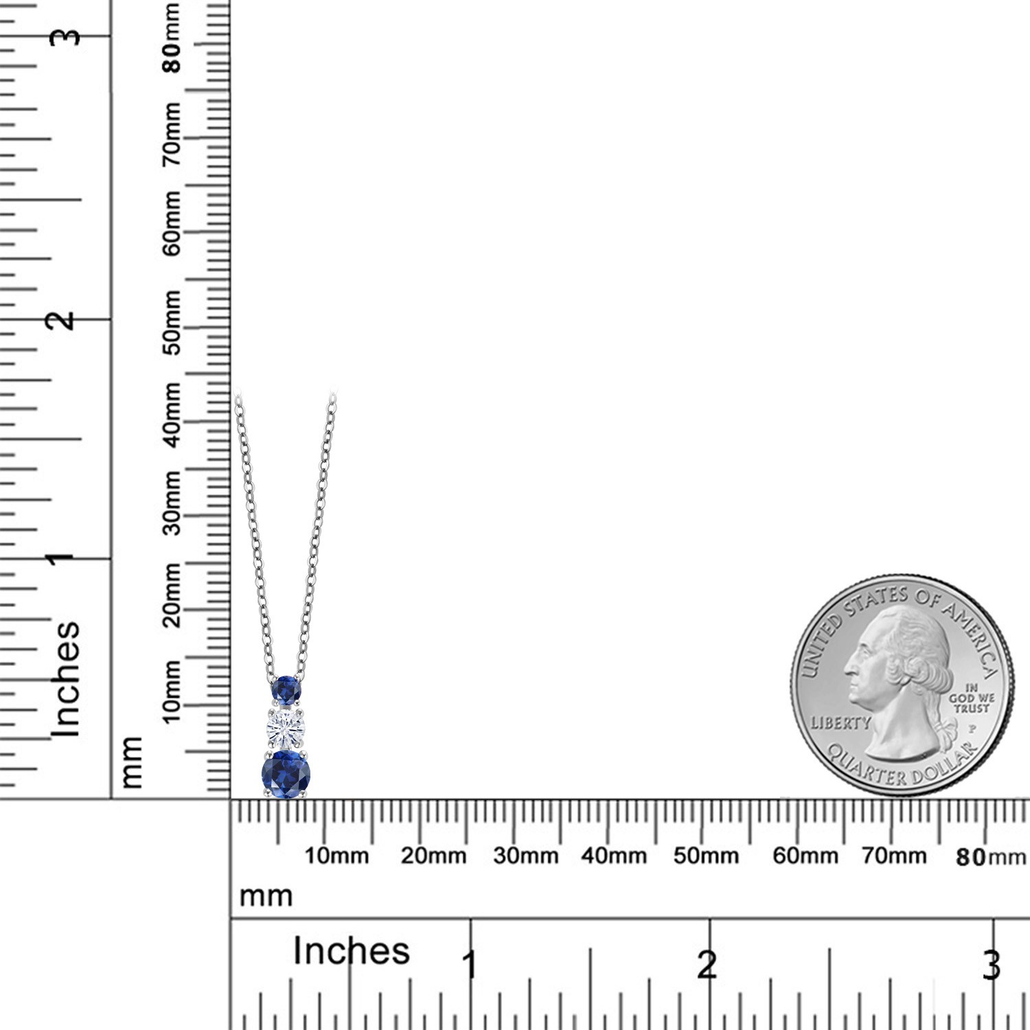 Rhodium Plated 3 Stone Pendant for Women & Chain Created Sapphire Moissanite