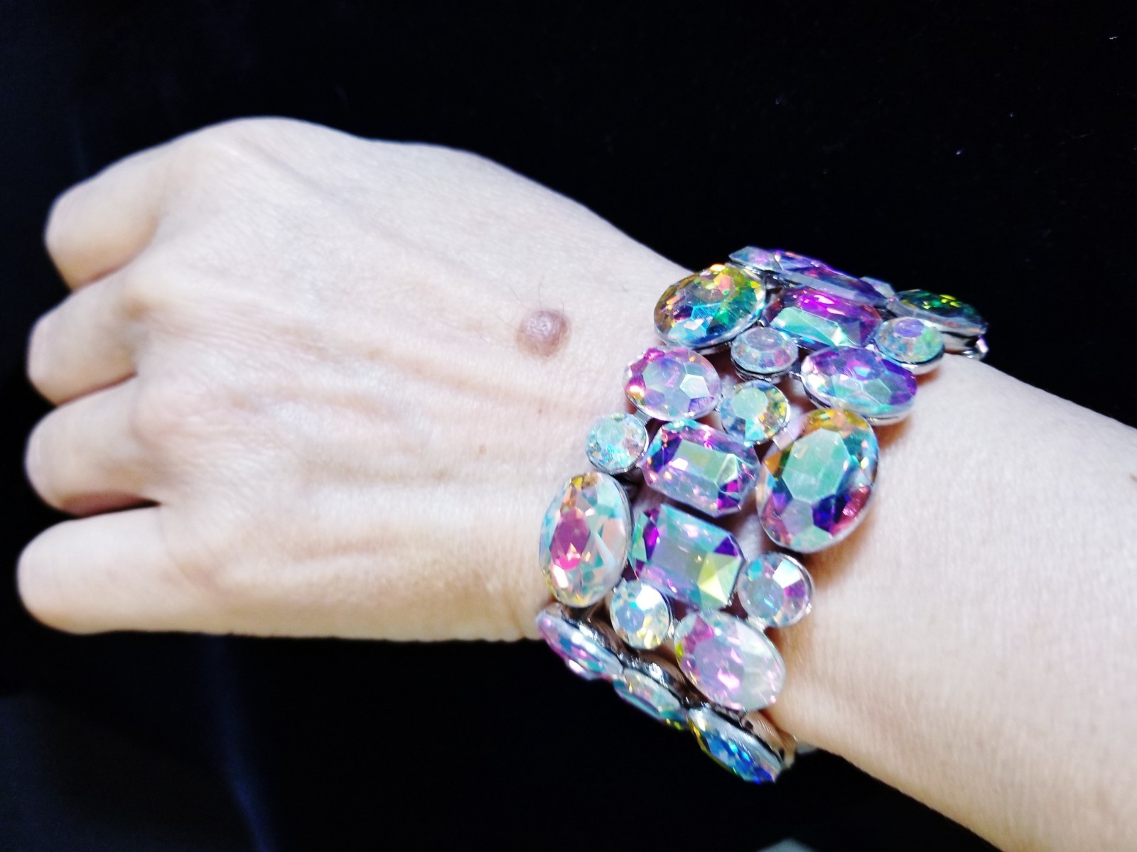 Iridescent Silver Rhinestone Stretch Bracelet Statement Drag Pageant Prom Bridal