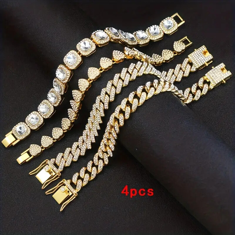 4pcs Bracelet Set Iced Tennis Heart Cuban Chain Bling Women Men Cubic Zirconia