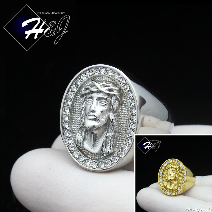 MEN Stainless Steel Icy Bling CZ Silver/Gold Plated Jesus Face Oval Ring*R148