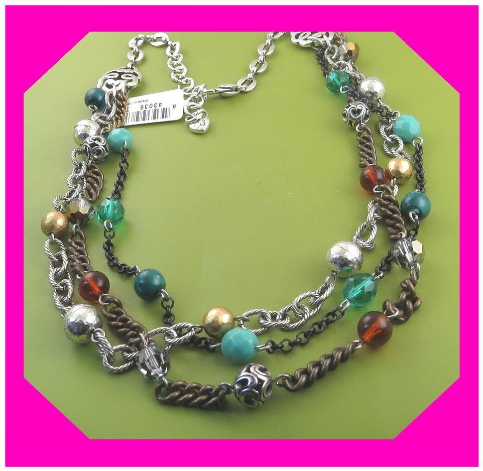 BRIGHTON FOXFIRE Multi Colors Beads Silver Triple Strand NECKLACE NWtag $102 75%