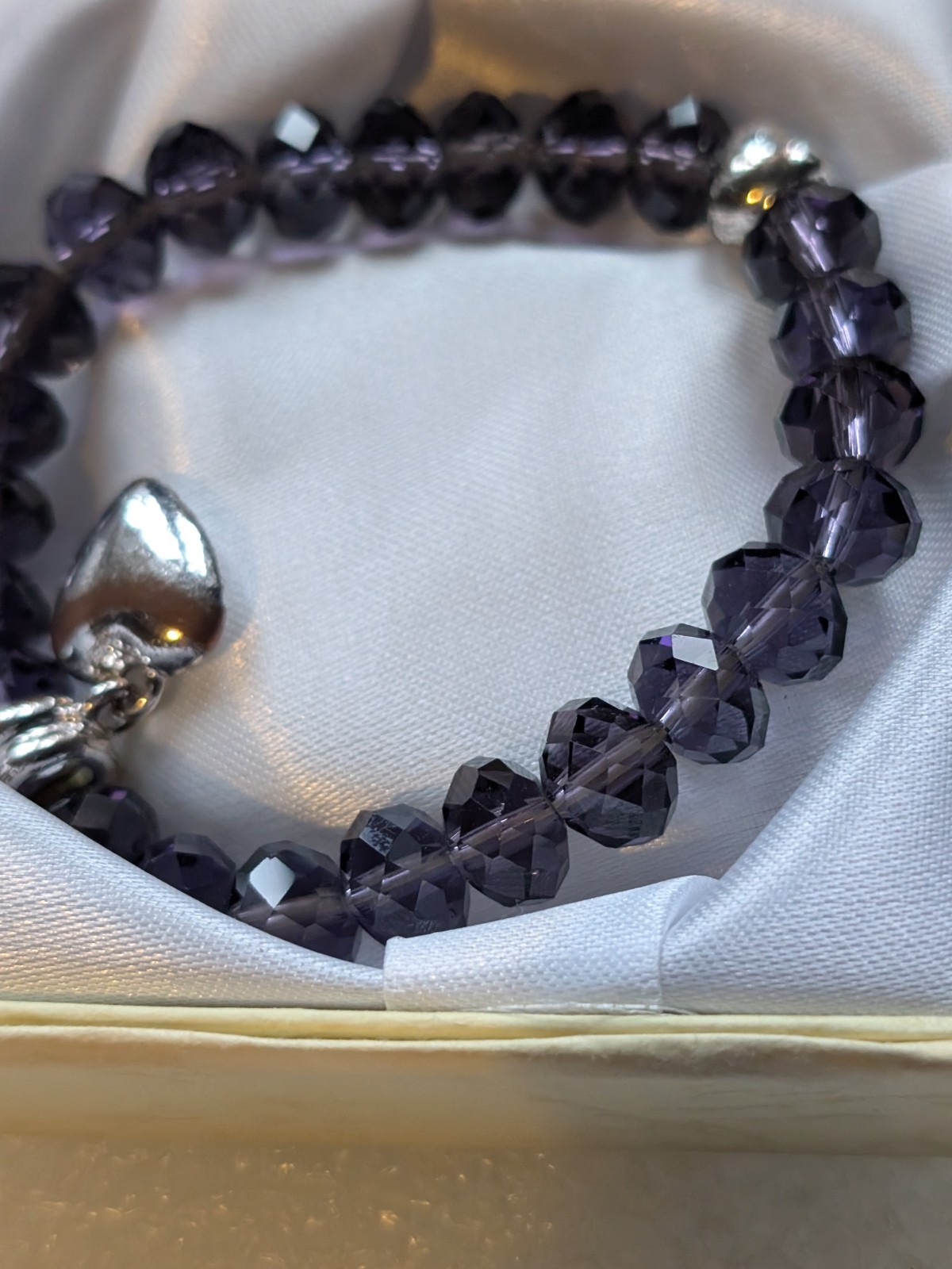 Purple Crystal Elasticated Faux Amethyst Bracelet 30g Love Heart Charm New/ Box