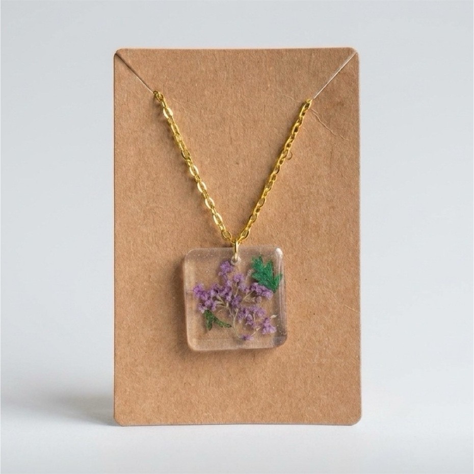 Gold Tone Cable Chain Necklace w/ Square Clear Resin Purple Flower Charm Pendant