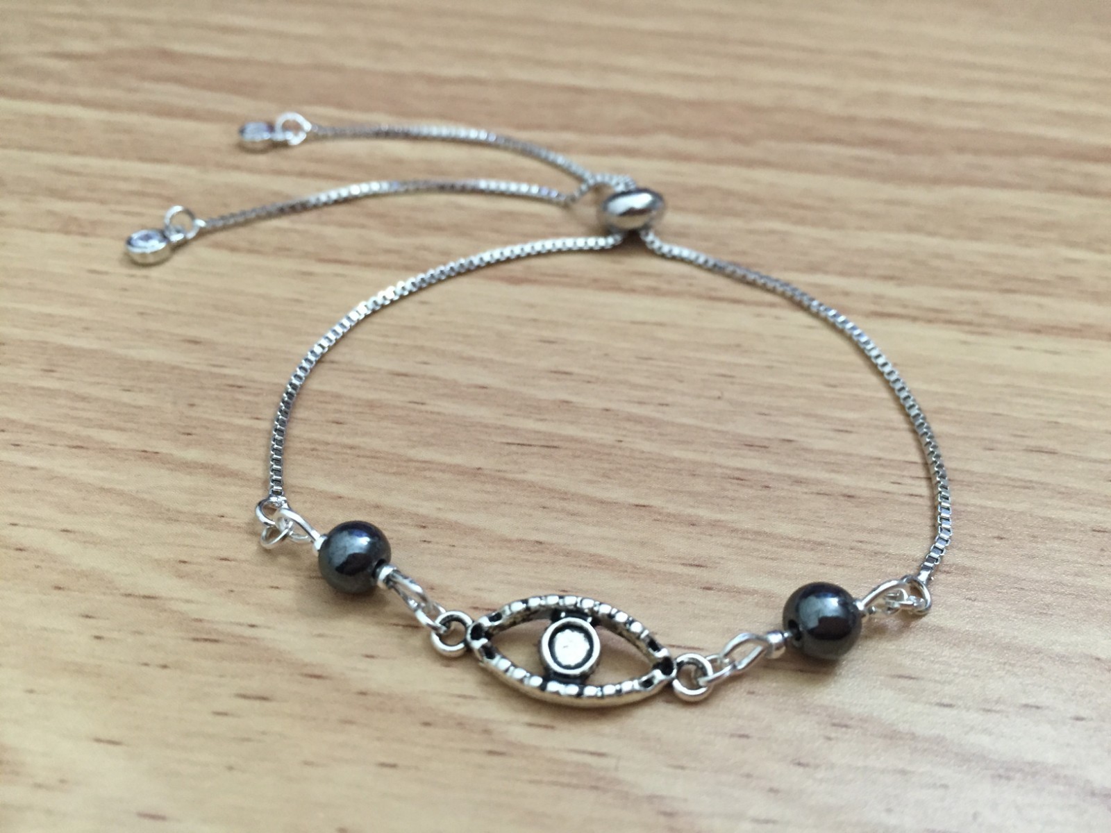 Delicate and Dainty Silver Chain Women Bolo Bracelet w/ Gray Hematite – Evil Eye