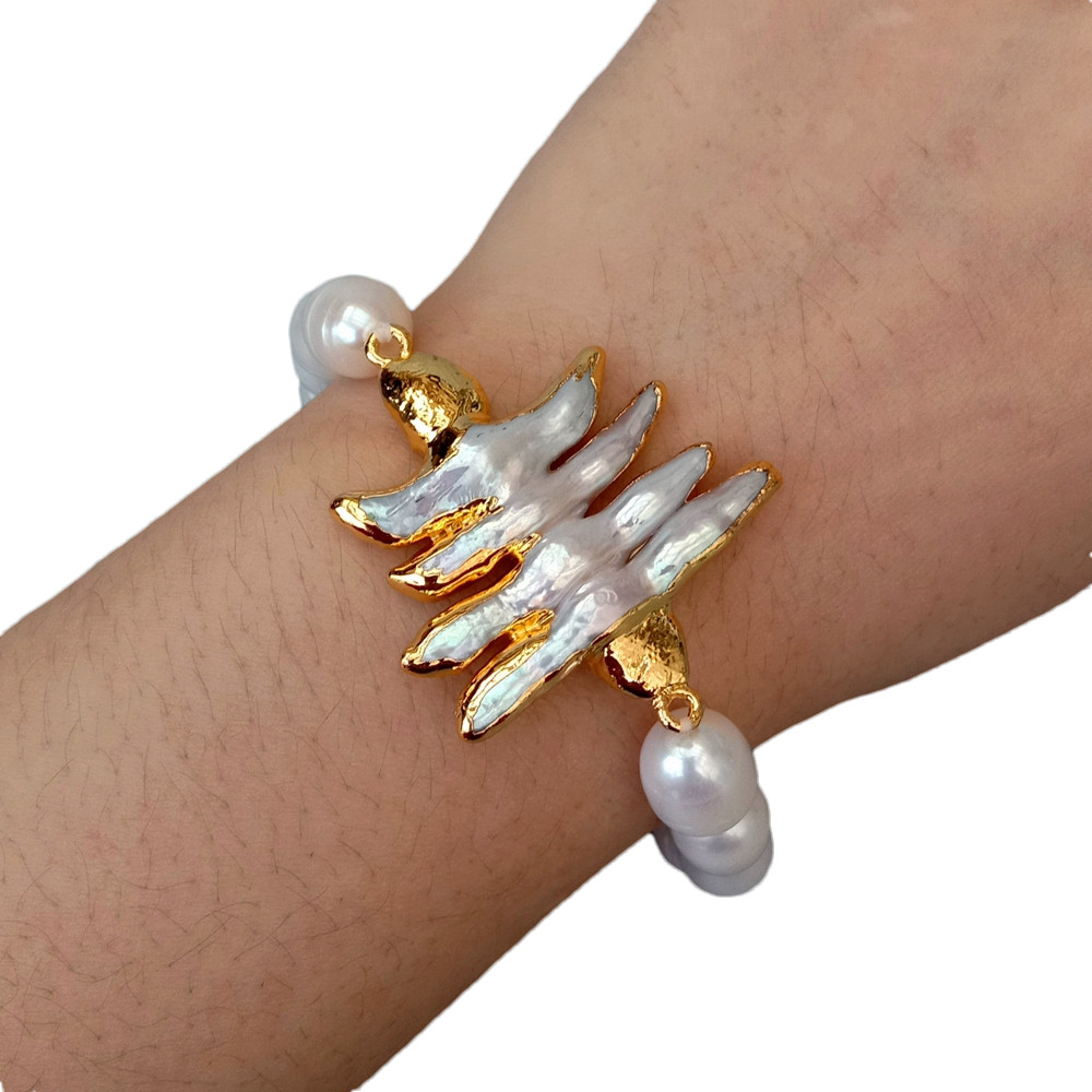 9x11mm Natural White Rice Pearl Baroque Pearl Gold Plated Elastic Bracelet
