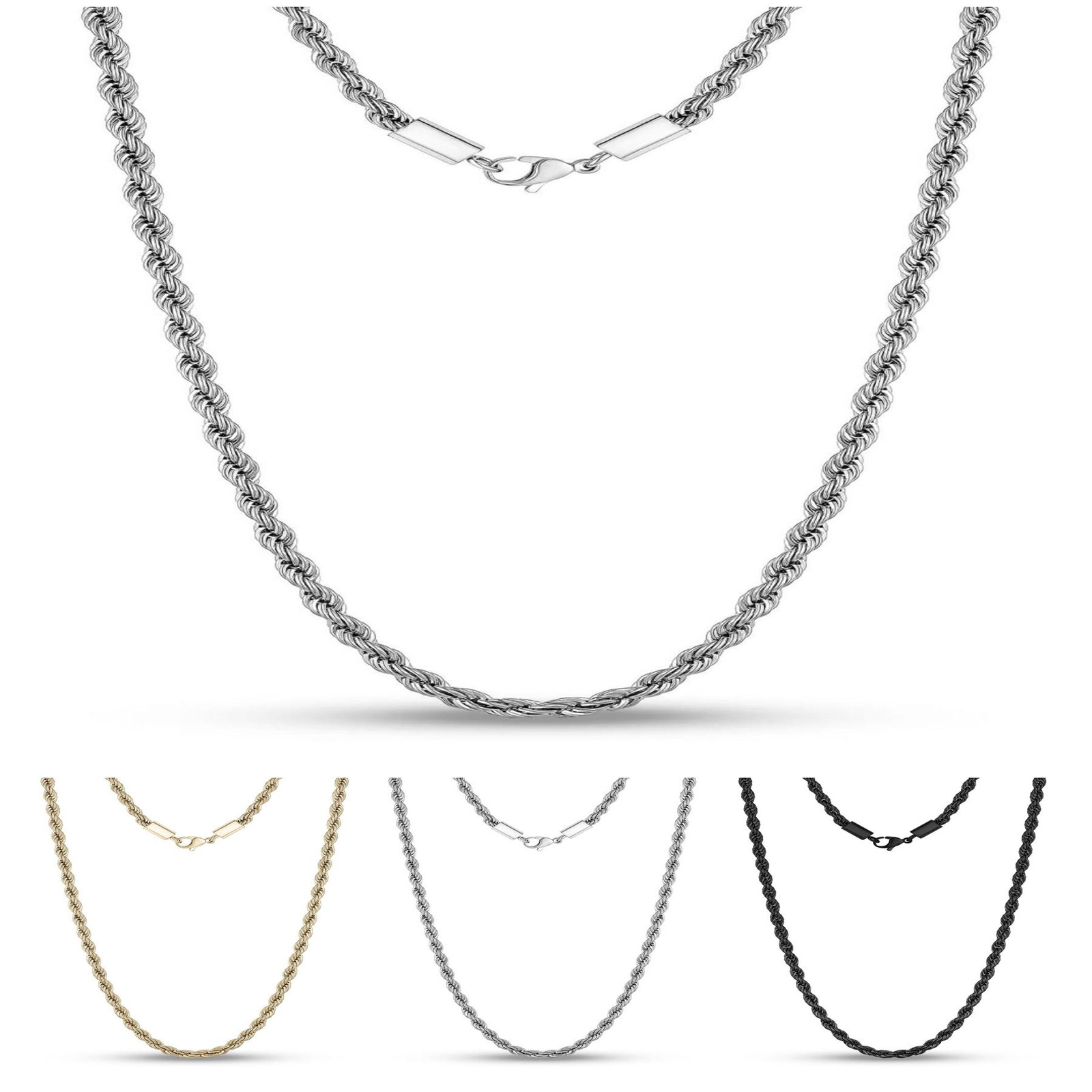 BLACK 316L STAINLESS STEEL 5MM WIDE 22″ / 55CM LONG TWISTED ROPE CHAIN NECKLACE